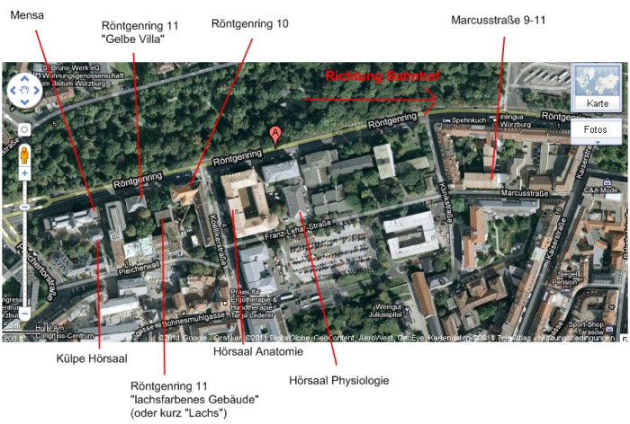 Lageplan der Gebäude, in welchen psychologische Lehre stattfindet 