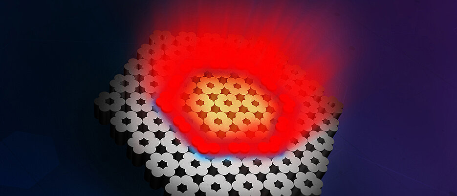 Künstlerische Darstellung eines topologischen Lasers, bestehend aus 30 gekoppelten oberflächenemittierenden Lasern. Alle Mikrolaser entlang einer topologischen Grenzfläche (blau) verhalten sich wie ein Laser und strahlen gemeinsam kohärentes Laserlicht aus (rot).