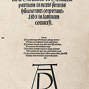 Titelblatt von Albrecht Dürers ‚Vier Bücher von menschlicher Proportion‘ (1528) in der 1532 gedruckten lateinischen Übersetzung seines Freundes Joachim Camerarius (UB Heidelberg, http://digi.ub.uni-heidelberg.de/diglit/duerer1532)