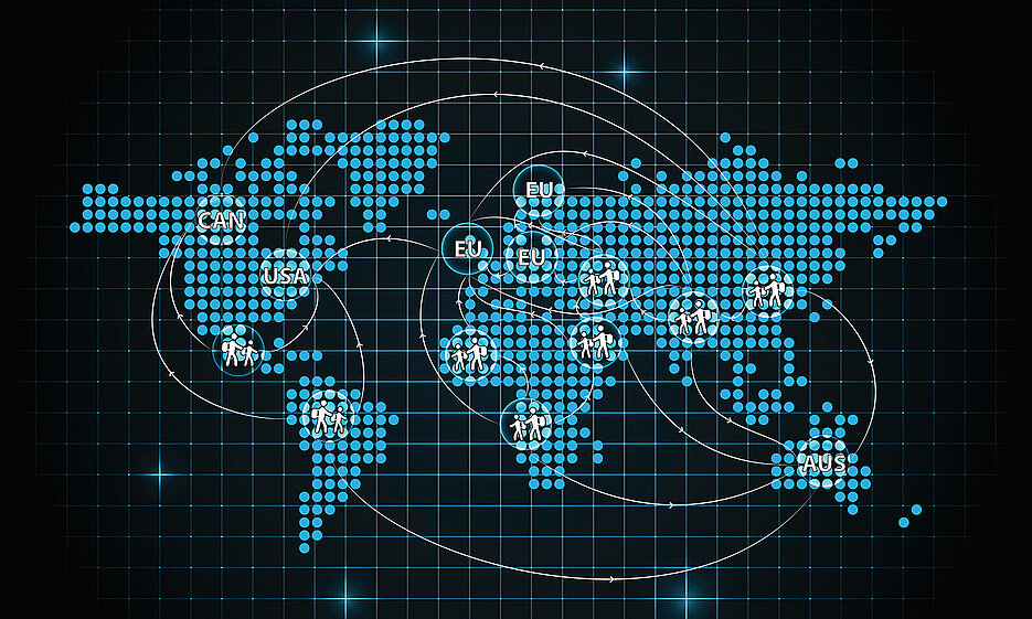 Weltkarte mit grafischer Darstellung der Migrationsbewegungen.
