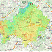 Der auf der Projektwebseite zugängliche Klimaatlas stellt verschiedene Klimaindikatoren dar. Hier ist die mittlere Temperatur in Unterfranken im Sommer  für die Jahre 2023 bis zu sehen. 