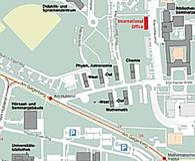 Lageplan des Campus Nord, rot markiert ist das Gebäude, in dem sich jetzt das International Office der Uni befindet. Grafik: Sascha Behnsen / Robert Emmerich