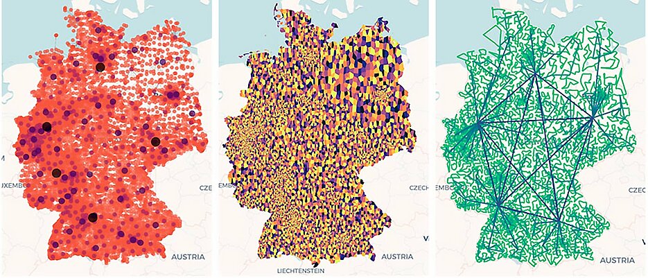 Ein Beispiel für ein Internet-Knotennetz für Deutschland: Links die Knoten, dargestellt in den verschiedenen Netzebenen in unterschiedlichen Farben und Größen. In der Mitte jede Zelle als eine „Zuständigkeitsfläche“ eines einzelnen Netzknotens. Rechts die generierte Topologie mit Knoten und Verlinkungen.