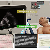 Bei der interaktiven VR-Simulation eines Notfalls gab es verschiedene Feedback-Komponenten wie positive Benachrichtigungen in grün für korrekt ausgeführte Aktionen, oben im Bild eine Echokardiografie, sowie als direkte Ausgabe von medizinischen Geräten (EKG), Ergebnisse der Diagnostik im virtuellen Computermenü und eine abschließende Bewertung im Checklistenformat. Bei der interaktiven VR-Simulation eines Notfalls gab es verschiedene Feedback-Komponenten wie positive Benachrichtigungen in grün für korrekt ausgeführte Aktionen, oben im Bild eine Echokardiografie, sowie als direkte Ausgabe von medizinischen Geräten (EKG), Ergebnisse der Diagnostik im virtuellen Computermenü und eine abschließende Bewertung im Checklistenformat.