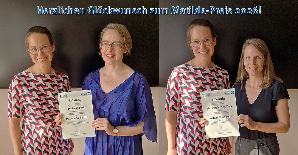 Picture of the award ceremonie with the Women’s Representative, Prof. Dr. Verena Haun and the Awardees Dr. Elena Dück and Dr. Simone Schäffner (Picture: Faculty of Human Sciences)