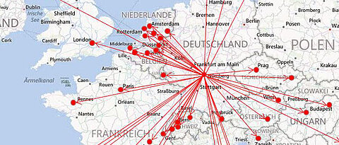 Teil einer Europakarte mit Würzburg als Startpunkt in alle Richtungen