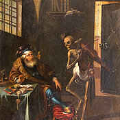 Unbekannter Meister (deutsch), Tod und Geizhals, um 1700, bisher Martin von Wagner Museum der Universität Würzburg, jetzt Logenhaus der Würzburger Loge "Zu den zwei Säulen an der festen Burg“.